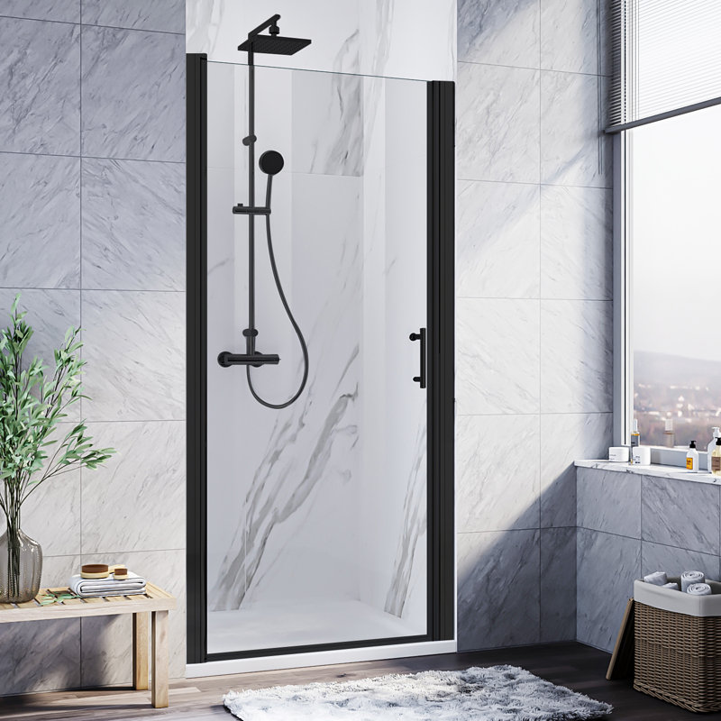 FPivot 28 X 72 inch Pivot Shower Door with 6mm Clear Tempered Glass for Bathroom, Matte Black, Matte Black