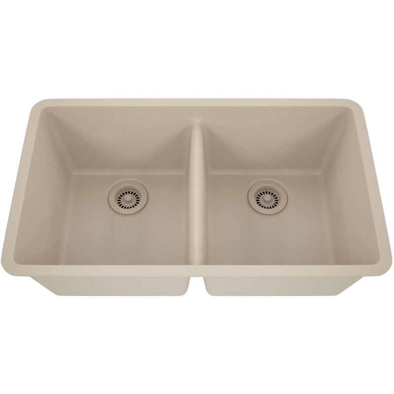 32" x 19" Quartz Kitchen Sink, 50/50 Double Bowl Sink, Drop-in Sink, Undermount Sink, Granite Kitchen Sink, with 2 Steel Grids and Basket Strainer, Disposal Flange