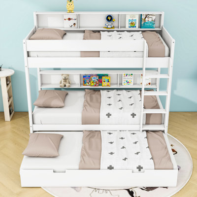 Wood Bunk Bed with Pull-Out Trundle and Built-in Storage Shelves