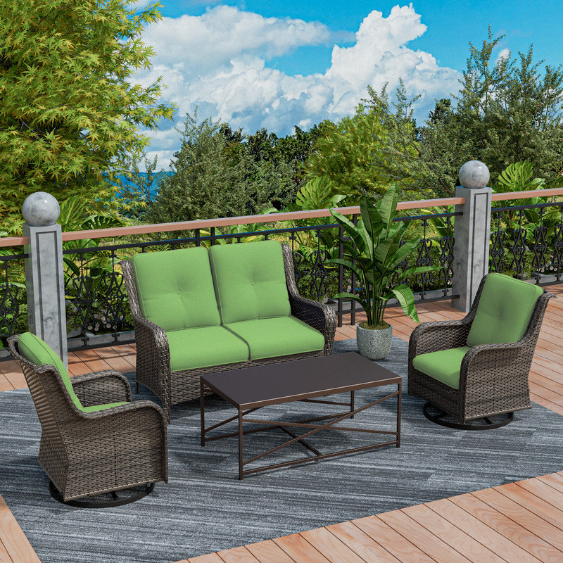 Ensemble de mobilier d'extérieur en osier 4 pièces avec coussin vert en osier 4 pièces, Vert