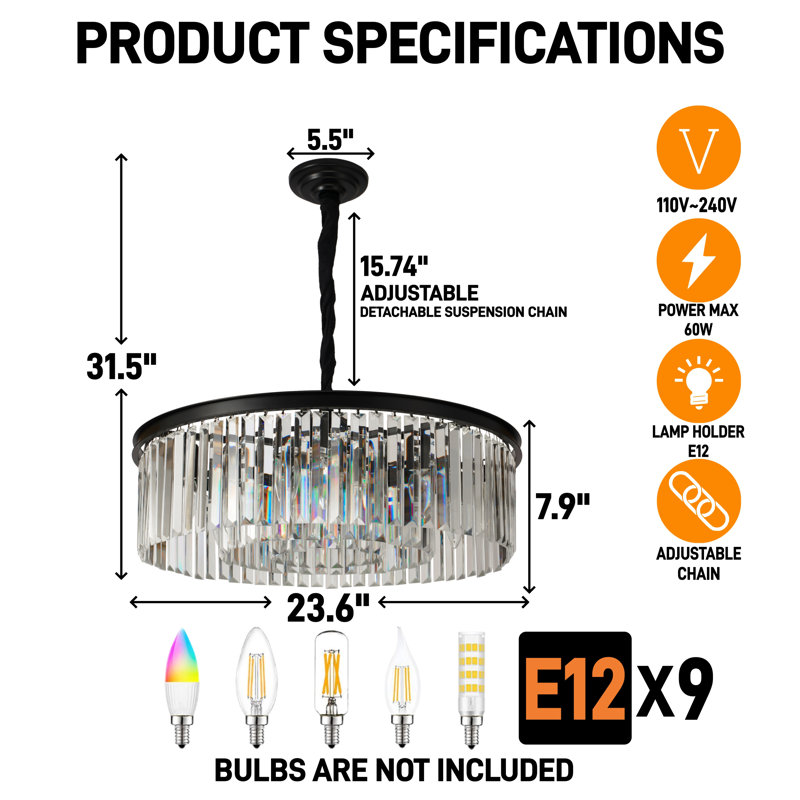 23.6-inch Round Three-tier Crystal Chandelier - Recessed Or Pendant Mounting / E12 Base / Wall Switch Control