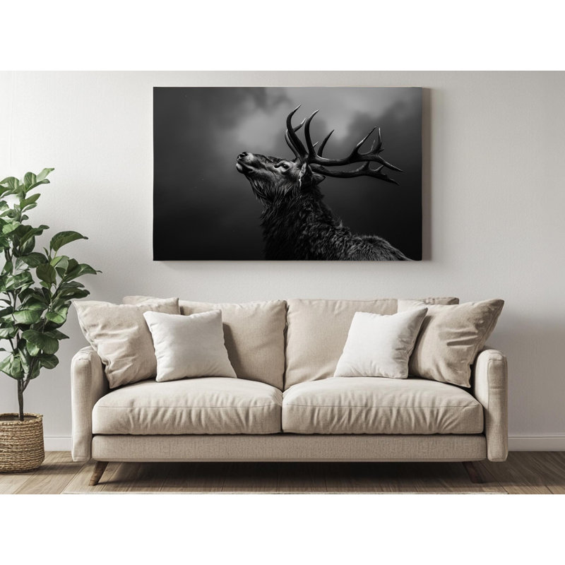 Reproduction sur toile de haute qualité en noir et blanc d'un élan - Art mural - Art mural - Cadeau, H 16 po x l 24 po
