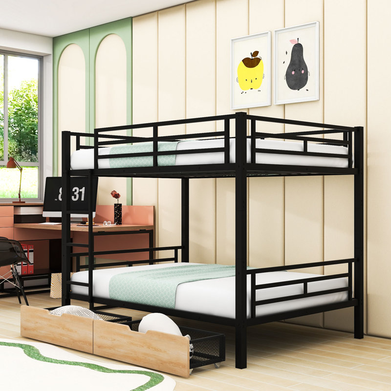 Full Over Full Metal Bunk Bed With Built-In Ladder And Storage Drawers