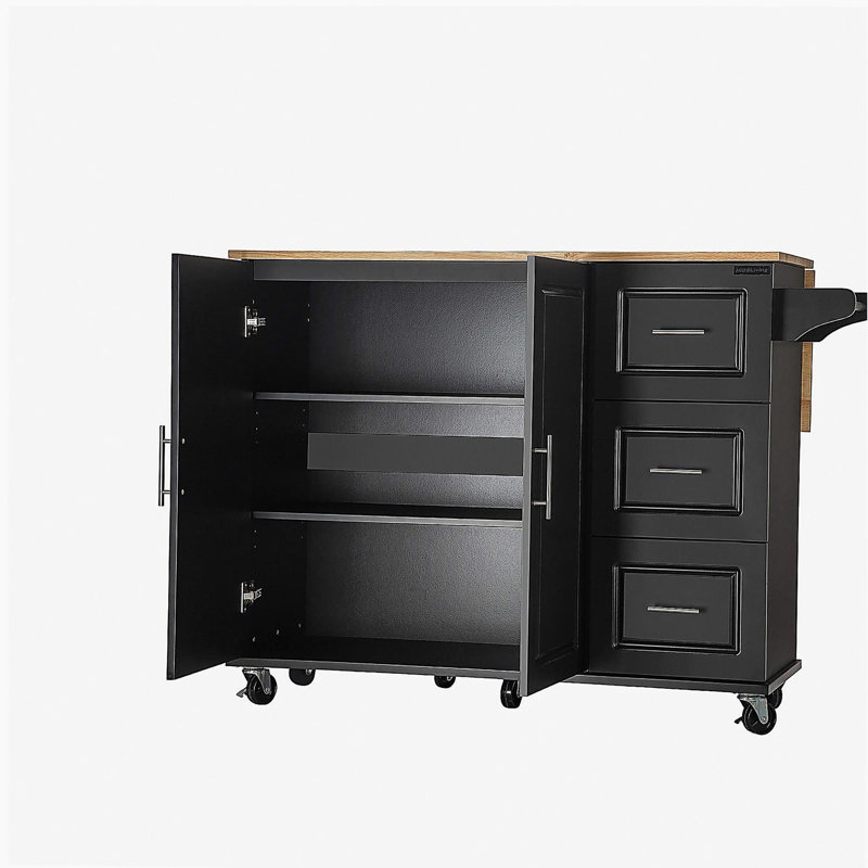 Kitchen Island with Kitchen Trolley, Expandable Rubberwood Top, Internal Adjustable Shelves for Various Kitchenware, 3 Large Drawers, Spice Rack, Towel Rack, Black Honeycomb