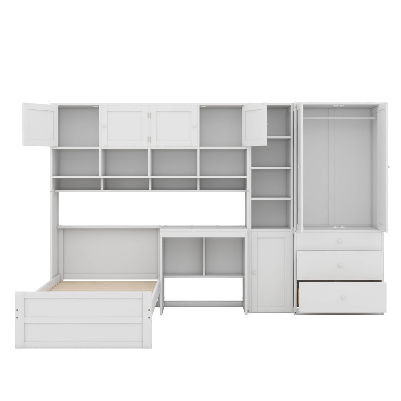 Lit plateforme simple avec tablettes de rangement, bureau et éclairage à DEL, lit plateforme en bois avec armoires, tiroirs et garde-robe