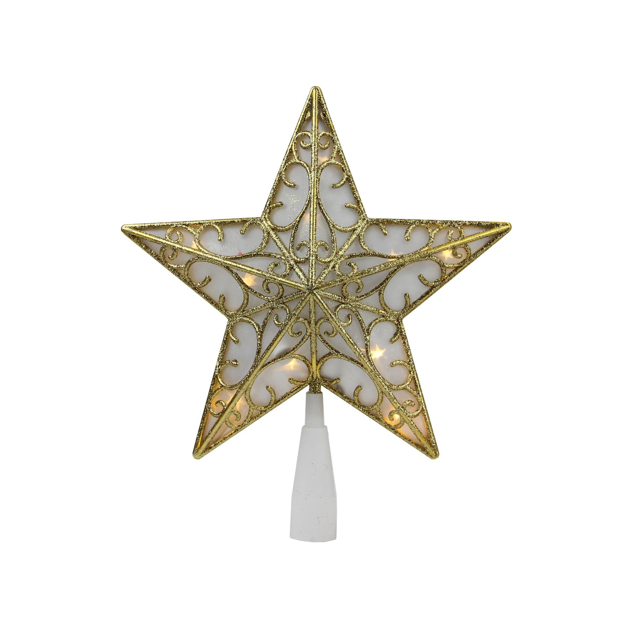 9" LED Lighted Glitter Star Christmas Tree Topper Warm White Lights, Gold