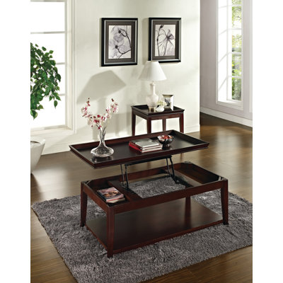 Table de cocktail à plateau relevable polyvalent - bois franc massif, placage de bouleau, finition cerisier merlot - rangement caché, roulettes mobiles, tablette inférieure