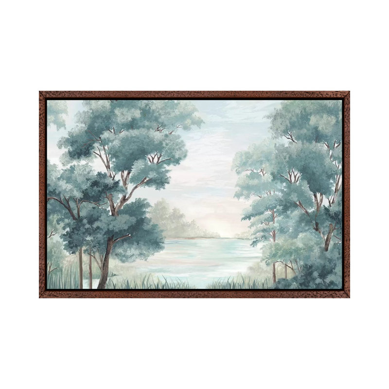 Calm Forest River by Eva Watts - Painting on Canvas, 66.04cm H x 101.6cm W x 3.81cm D, Classic Brown Wood Framed