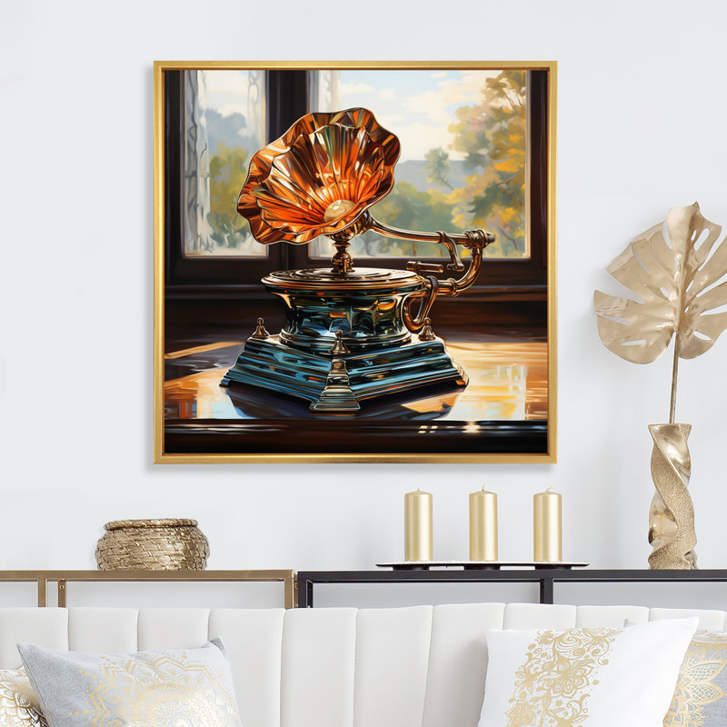 Gold Phonographs Melodic Reflections I - impression, H 16 po x l 16 po, Toile avec cadre flottant or