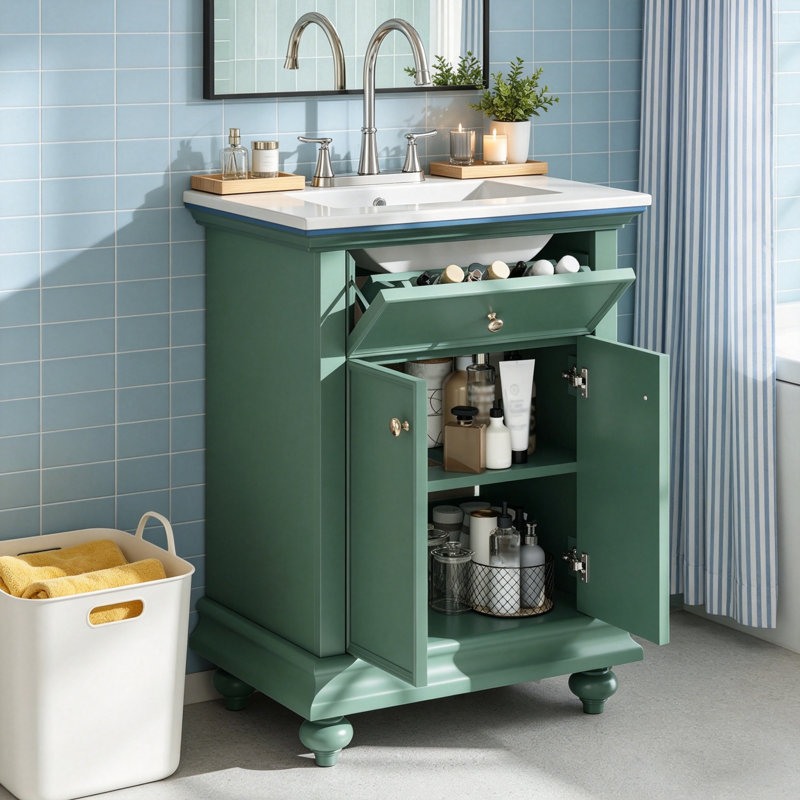 Armoire de meuble-lavabo contemporaine 24 po avec lavabo en céramique intégré, unité de rangement autoportante avec 2 tiroirs et tablette réglable personnalisable