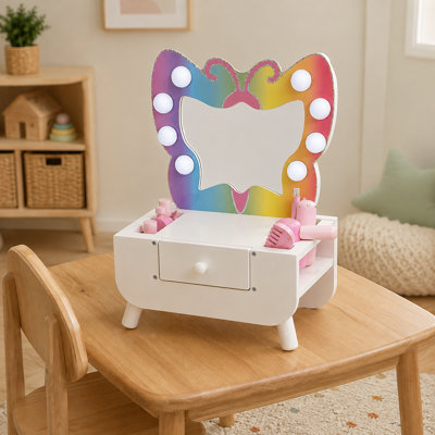 Teamson Kids Butterfly Light-Up Tabletop Kids Vanity Set with 6 Accessories, White and Pink, Butterfly-shaped LED Light-up Mirror