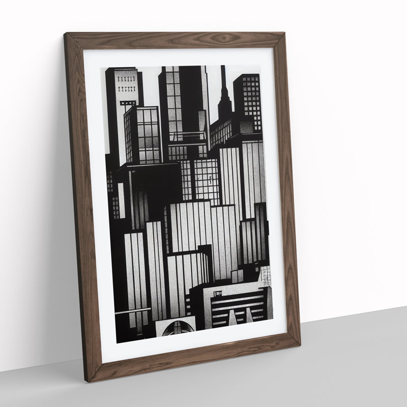 Monochrome City Skyline - Wall Art, 46cm H x 34cm W x 2cm D, Walnut Framed
