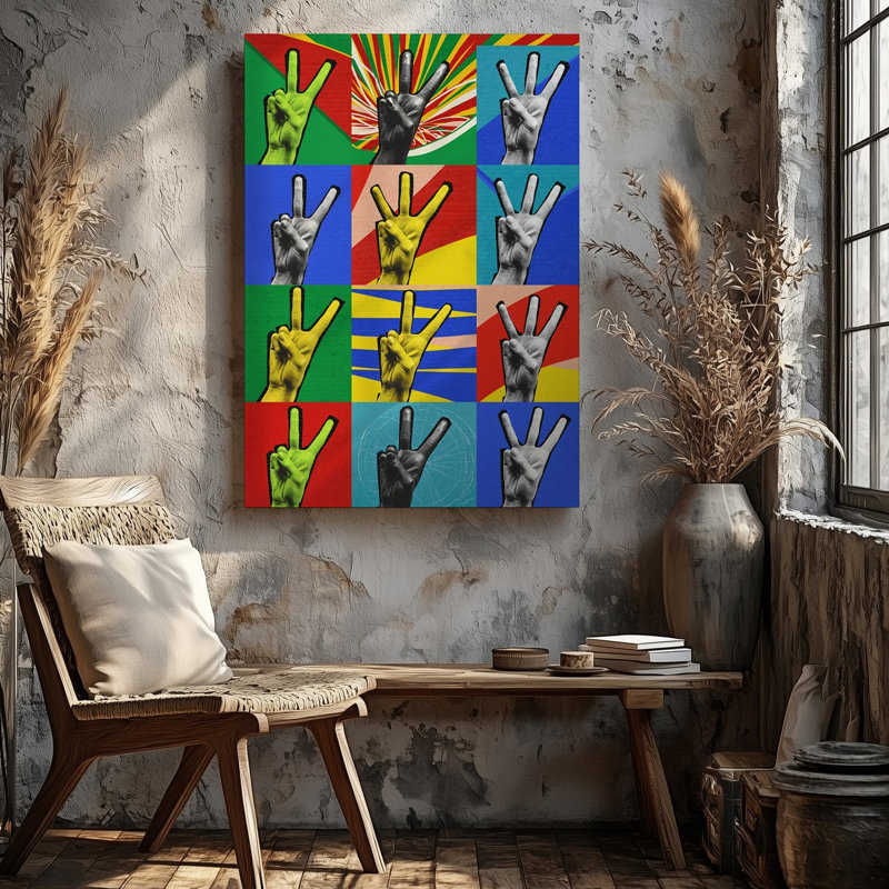 Toile d'un collage de style Pop Art éclatant avec un motif répétitif d'art de signe de paix, geste de la main, rendu sur toile