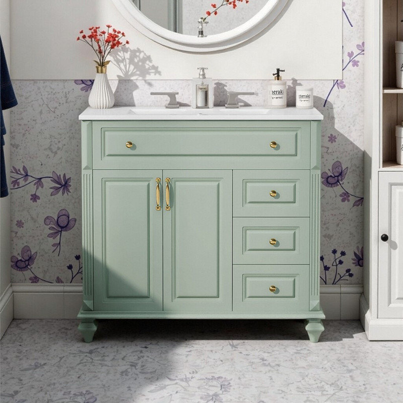 Meuble-lavabo de 36 po en bois massif et panneau de fibres à densité moyenne avec lavabo, armoire autoportante avec portes et tiroir rabattable