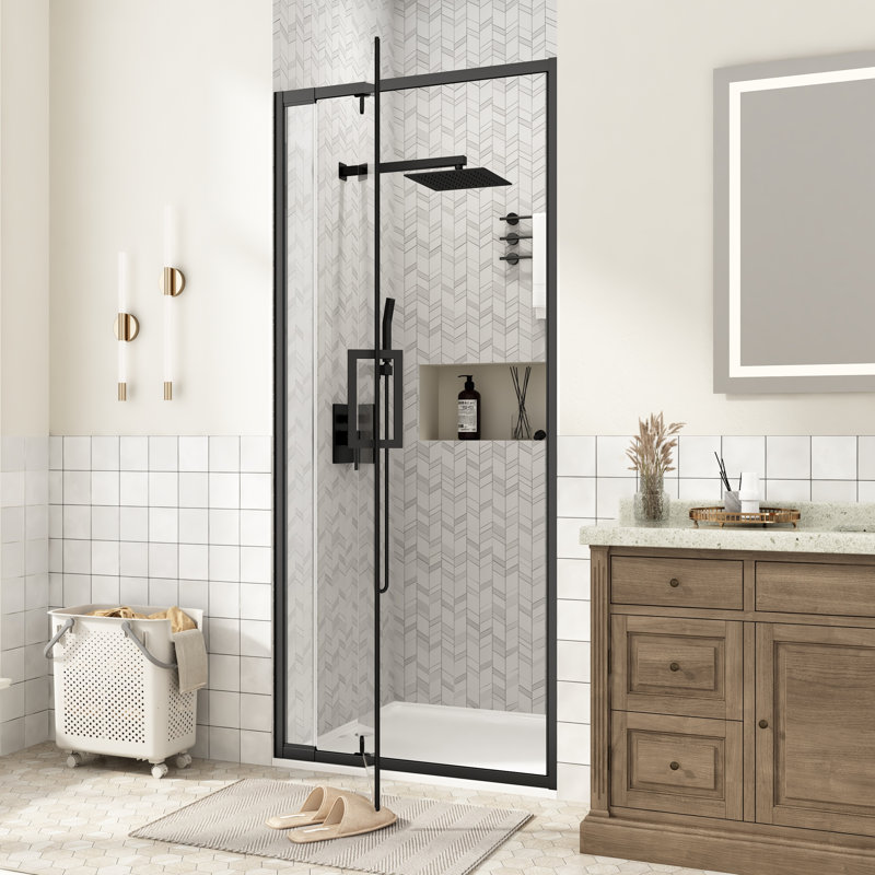 Porte de douche pivotante encadrée de 71 à 81 cm (L) x 183 cm (H) en noir mat avec verre trempé transparent de 6 mm, pellicule anti-éclats et revêtement facile à nettoyer