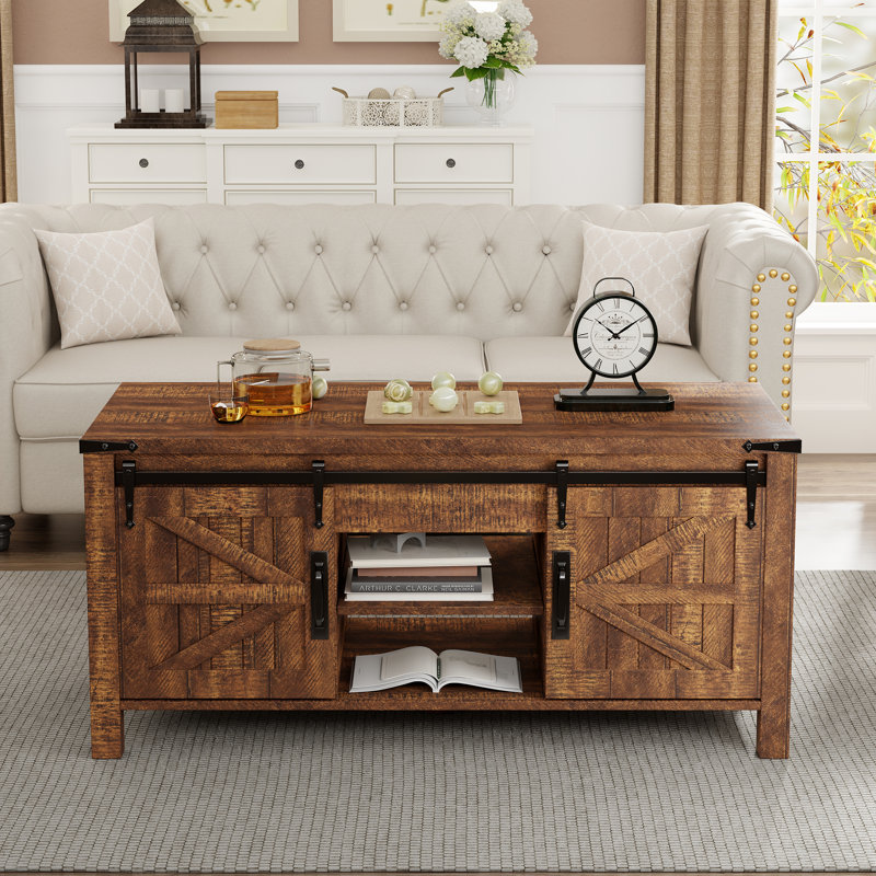 48"W Farmhouse Lift Top Storage Coffee Table with Sliding Barn Door & Adjustable Shelf, Brown Wood