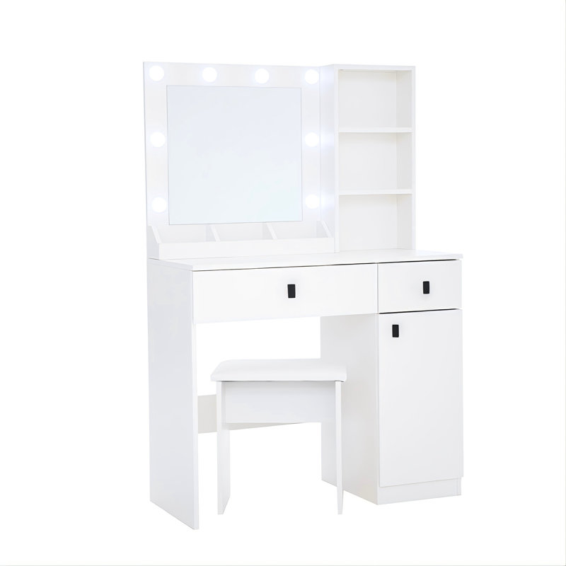 Modern Bedroom Vanity - White Desk With Square Mirror, Ample Storage, And Lights Adjustable Brightness Options Mirror White, 2 Drawers, Extra Deep Design