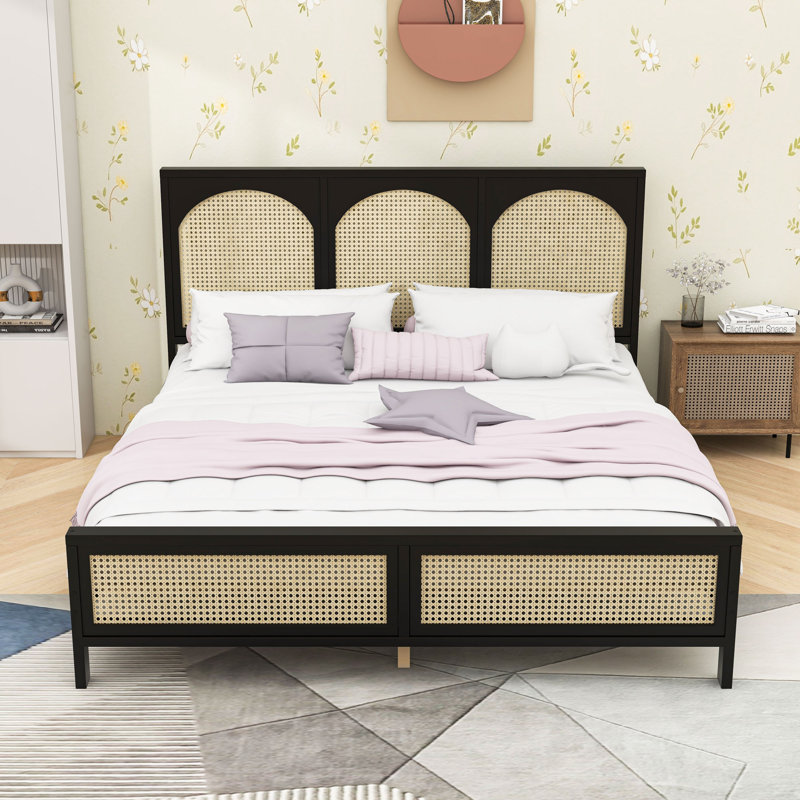 Lit plateforme en bois avec rangement et tête de lit robustes, Noir / Beige, Très grand lit