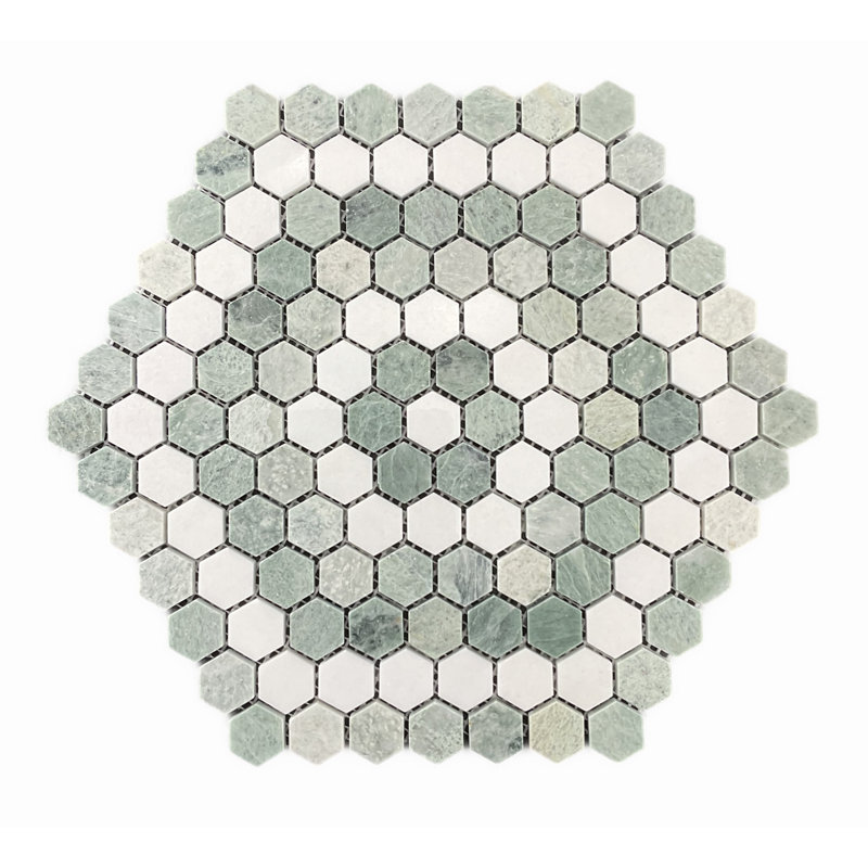 Honeycomb 1" Hexagon Marble Wall And Floor Tile, Green/White