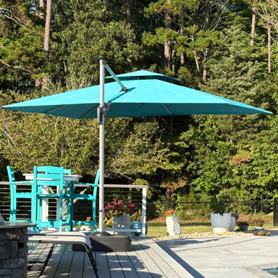 Parasol en porte-à-faux 144 "avec comptoir à manivelle et base roulante 144", bleu turquoise