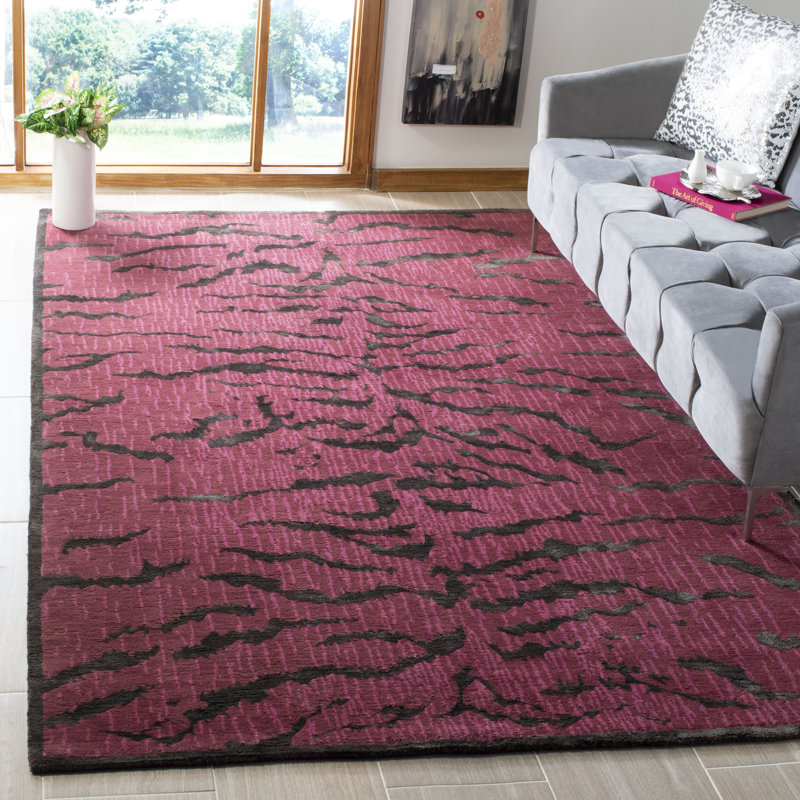 Hand-Knotted Raspberry and Coffee Wool Silk Rug, 6' x 9'