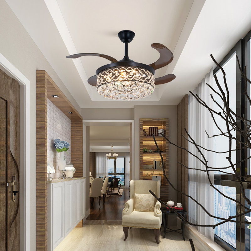 42''retractable Crystal Chandelier Fan With Remote Control 3 Color 3 Speed Change