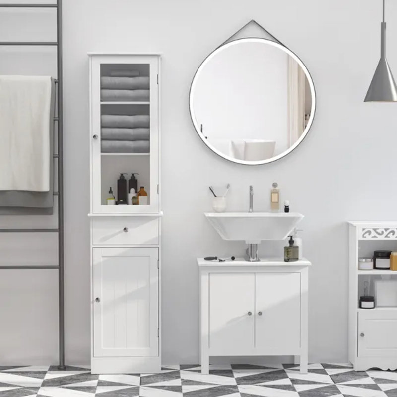Grande tour à linge de salle de bain blanche avec porte en acrylique, tiroir et tablettes multiples