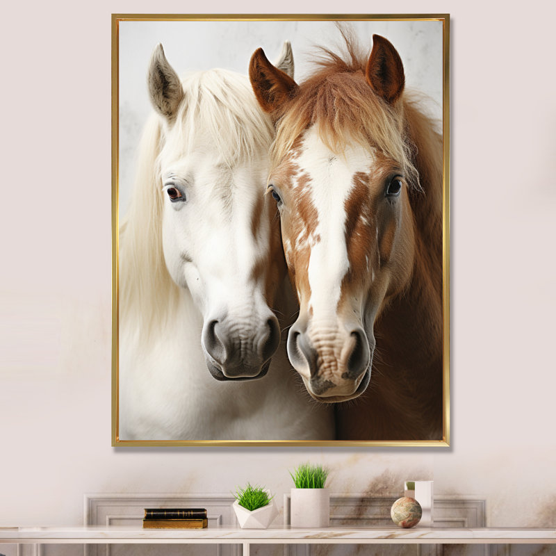 «Blaike White and Brown Horse Dynamic Duo V», reproduction sur toile, H 32 po x l 16 po x P 1 po, Cadre flottant doré