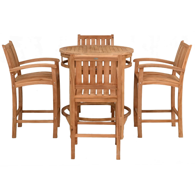 Ensemble bistro en teck avec table de bar ronde et tabourets Abacho avec accoudoirs, H 43 po x L 38 po x l 38 po, 4