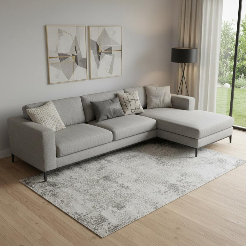 Tapis abstrait gris et blanc 7 pi x 10 pi avec franges