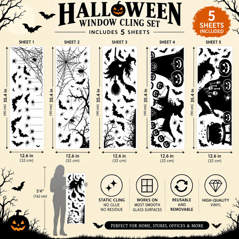 5 feuilles d'autocollants pour fenêtre d'Halloween de 12,6 po x 35,4 po avec silhouettes recto-verso