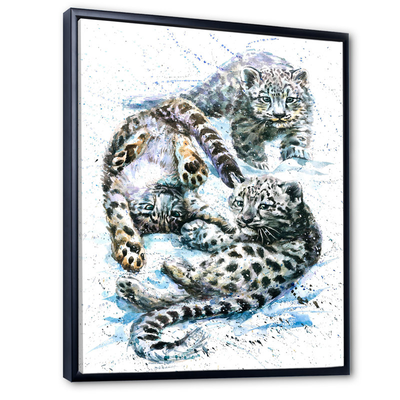 Petits léopards des neiges - Peinture, H 12 po x l 8 po x P 1 po, Cadre flottant noir