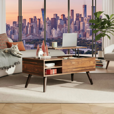 Petite table basse en bois rétro à hauteur réglable de style Mid-Century, avec tablettes réglables et compartiments de rangement, idéale pour les salons.
