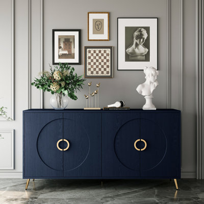  Modern 4 Door Lacquered Wooden Cabinet, Sideboard Buffet with Gold Accents, Storage Cabinet for Living Room, Hallway, Kitchen, Dining Room, Navy Blue