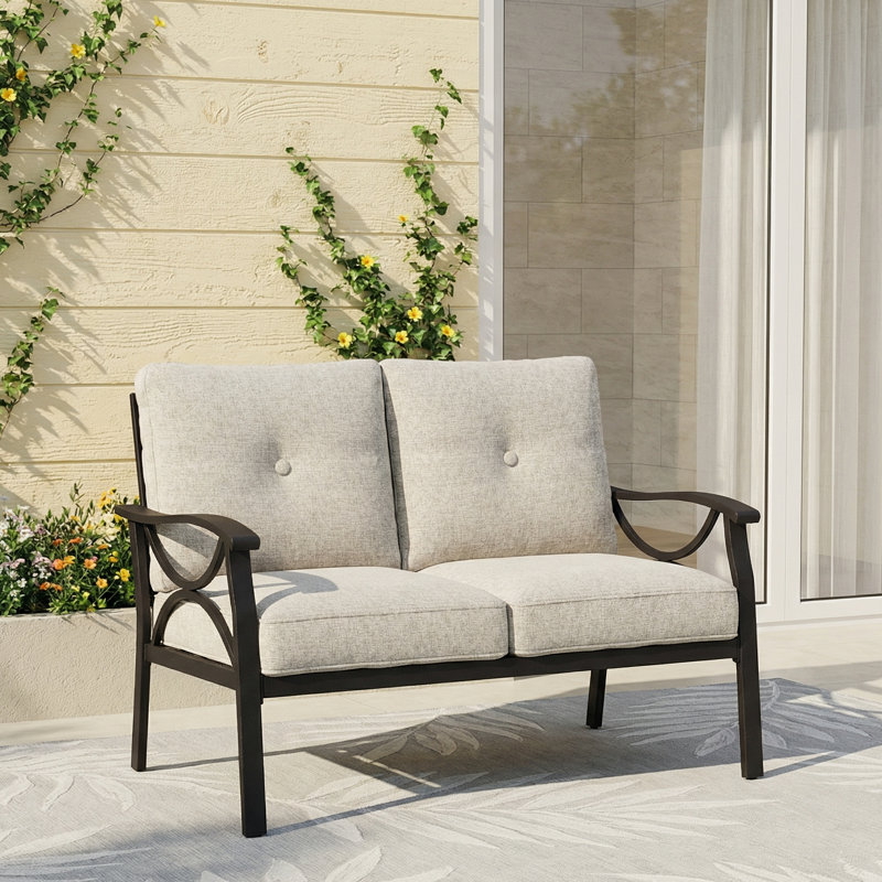Outdoor Metal Loveseat with Soft Cushions, Coffee Frame/Khaki Cushion