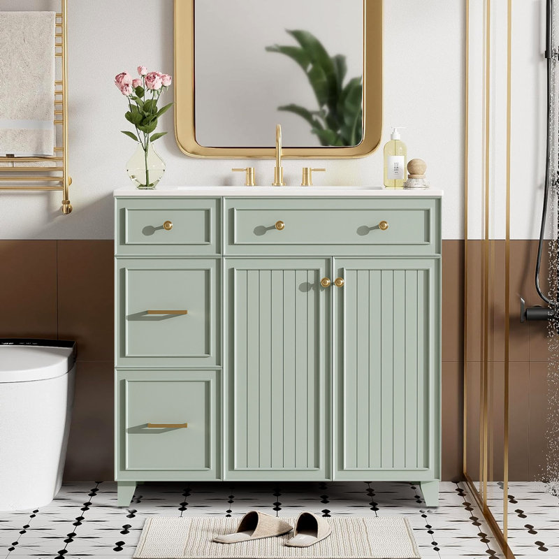 Meuble-lavabo avec lavabo en céramique, armoire de rangement moderne pour petites et moyennes salles de bain, Vert