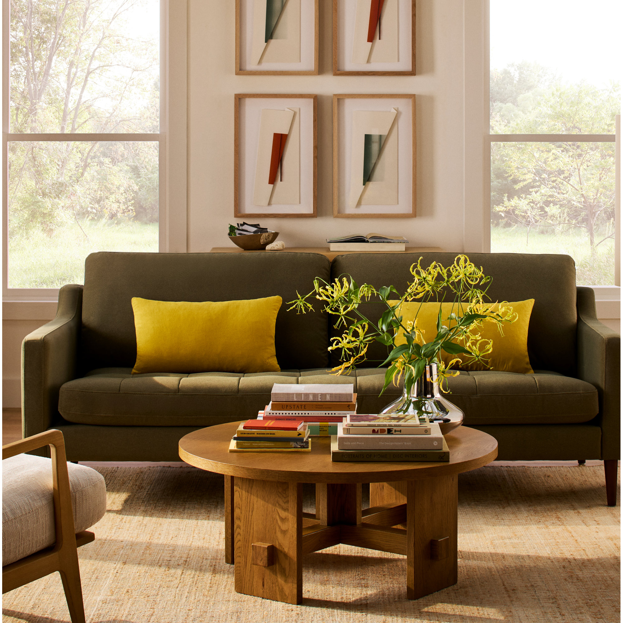 Simple Embroidered Linen Throw Pillow, Mustard, Rectangle 12" H x 22" W