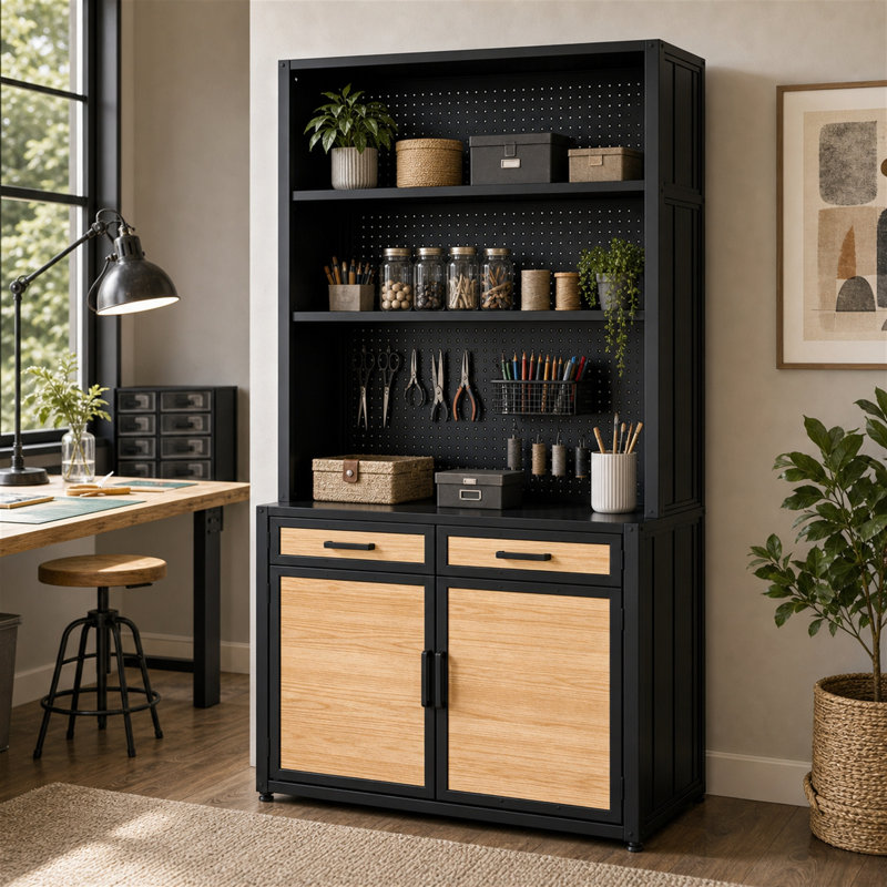 Aaliyah 83'' H Industrial Pine Wood And Iron Storage Cabinet With Open Hutch, Pegboard Back Panel, 2 Drawers And 2 Doors