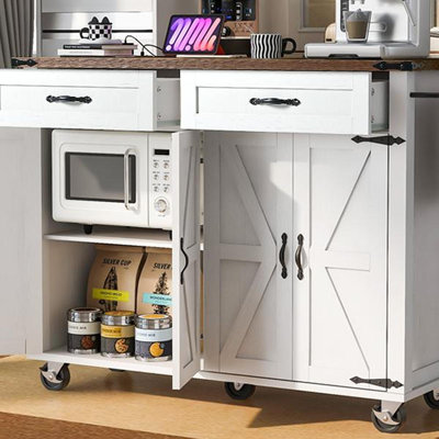 53.5''Farmhouse Kitchen Island With Power Outlet, Kitchen Storage Island With Drop Leaf, Spice Rack And Drawer, Rolling Kitchen Cart On Wheels, For Home, Kitchen And Dining Room, White
