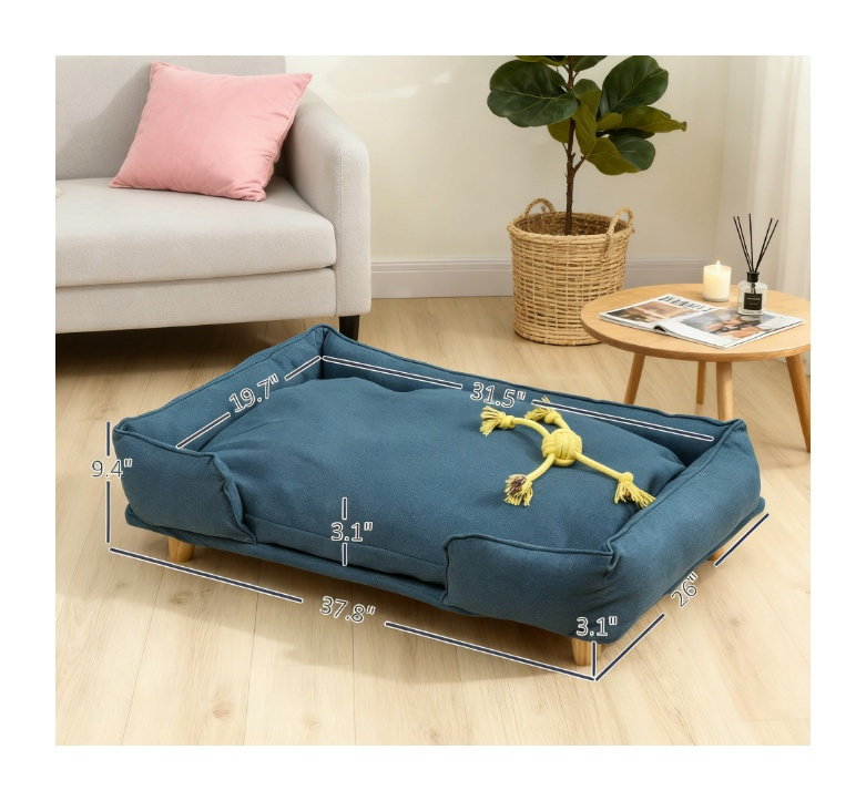 Lit pour chien surélevé bleu foncé avec coussin amovible et pieds en bois de pin