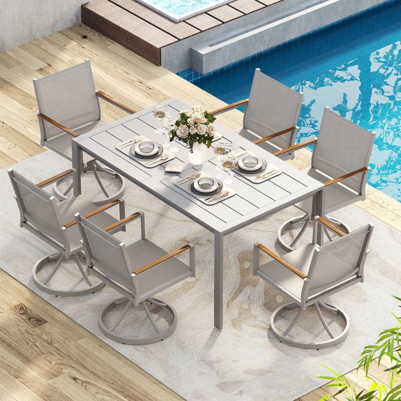 7-Piece Aluminum Patio Dining Set With Rectangular Table And PVC-coated polyester Fabric Swivel Chairs