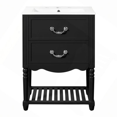 Meuble-lavabo 24 po avec lavabo en céramique, armoire de salle de bain avec deux tiroirs à fermeture en douceur et une tablette ouverte