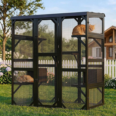 Grande cage de 70 po pour l'extérieur pour chat Catio, maison de chat en bois de sapin massif résistant aux intempéries pour plusieurs chats avec 5 plateformes de repos, 2 condos pour chat et portes verrouillables multi-accès pour la cour arrière