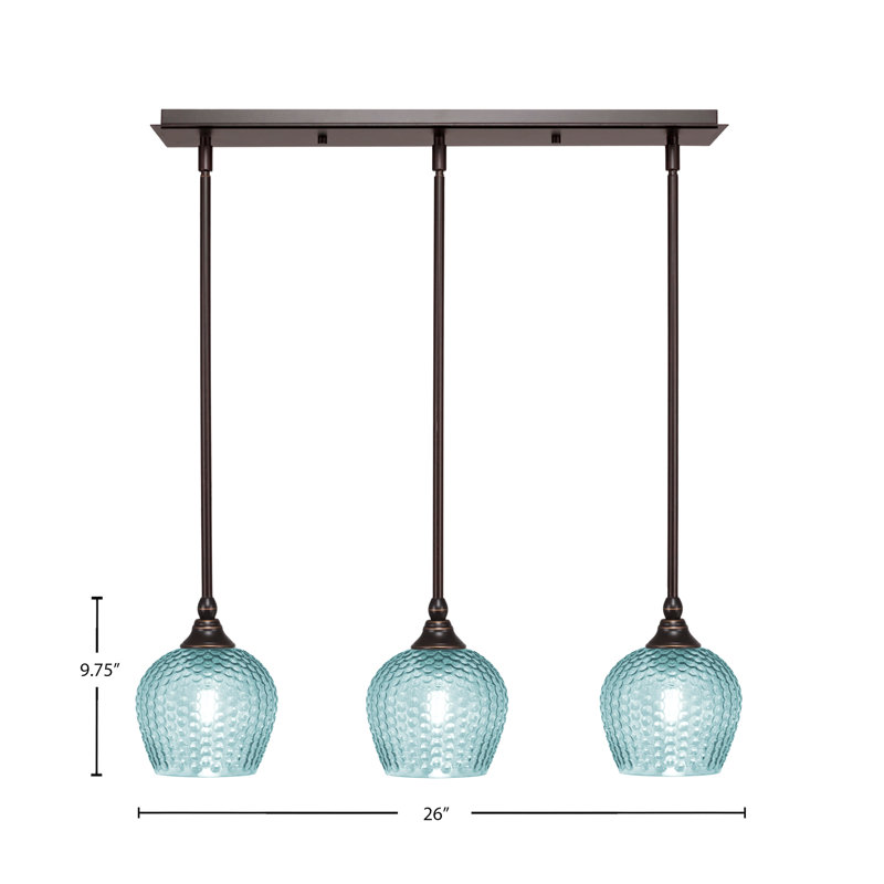 Luminaire suspendu linéaire à 3 lumières avec tige texturé turquoise, H 7,25 po x l 26 po x P 6 po, Bronze huilé