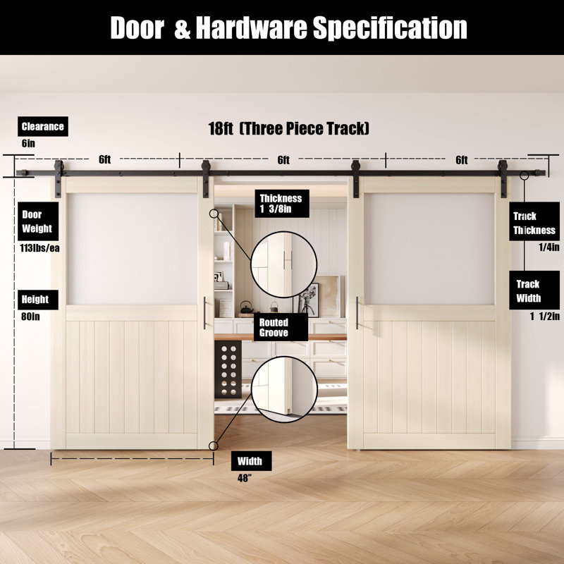 Portes de grange non assemblées et finies en verre avec demi-verre de 48 po x 80 po Homacer Tinsmith Grey, 48 po x 80 po