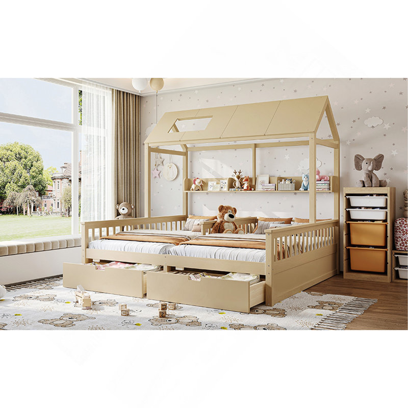 Lit plateforme simple double avec tablettes et tiroirs de rangement, lit plateforme avec lattes de soutien, conception enfantine et maisonnette