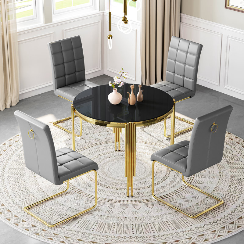 5-Piece Round Glass Dining Set, 37" Tempered Glass Table With 4 High Back PU Leather Chairs, Black/Gold, Gray/Gold