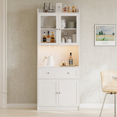 Armoire de rangement pour garde-manger de 75,2 po de hauteur avec lumières et station de charge, armoire de bar moderne avec support pour micro-ondes, buffet en bois avec 1 tiroir pour la cuisine et la salle à manger
