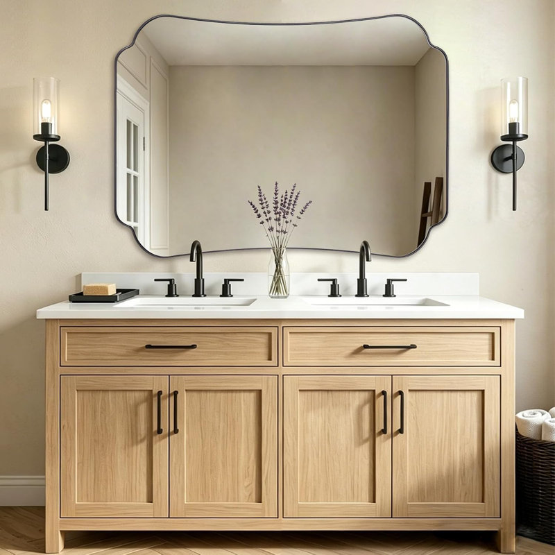 Miroir de salle de bain Contemporary Cadre en acier inoxydable, 48 po x 36 po, Noir mat