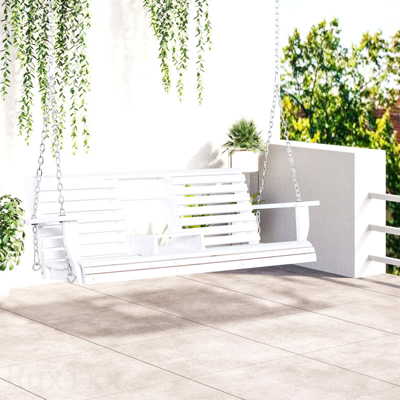 Balancelle de patio en bois 3 places, banc de patio avec table basse pliante, porte-gobelets et chaînes inclus, capacité de poids de 440 lb, blanc